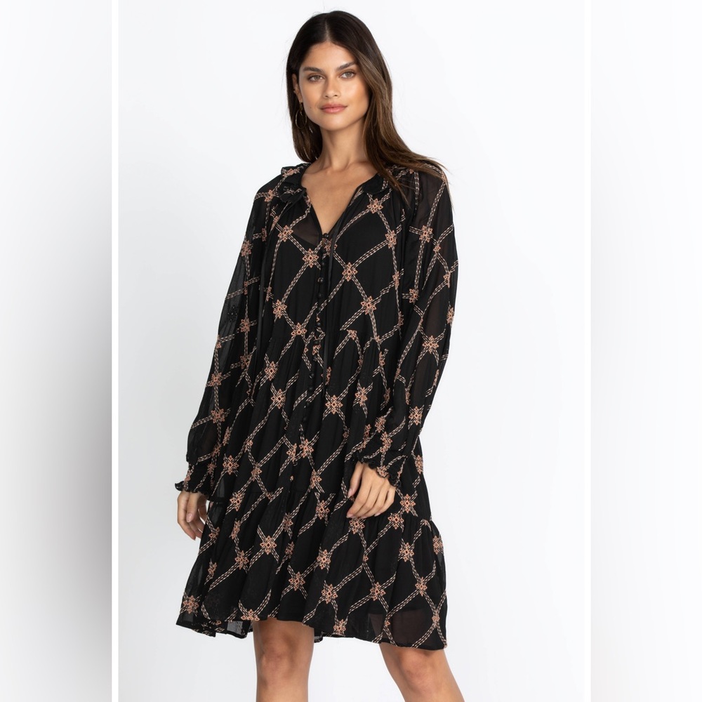 NWT $550 Johnny Was Jackie Women's Black Floral Long Sleeve V-Neck Dress